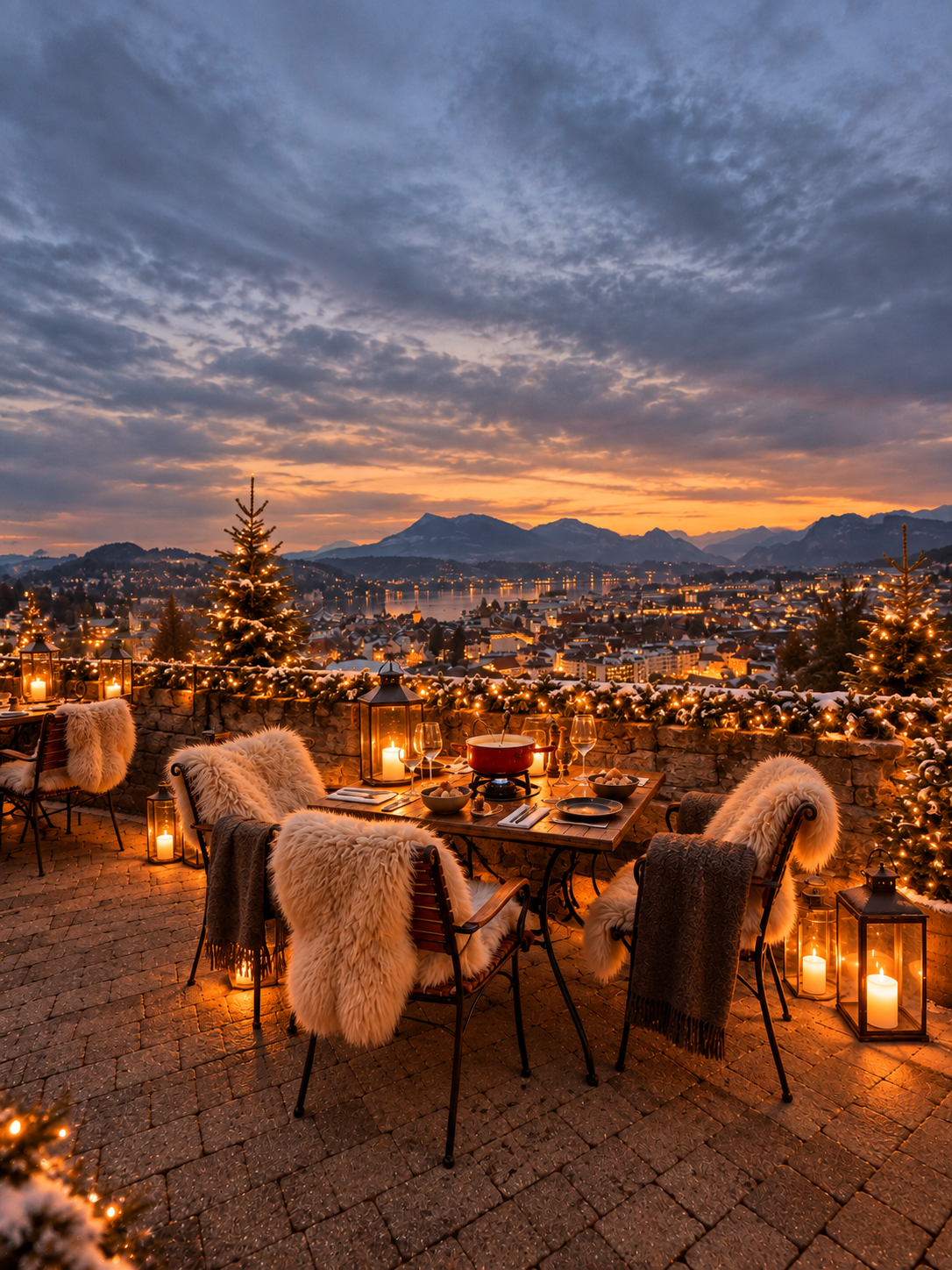 Wintery fondue terrace at Château Gütsch with a view over the lake