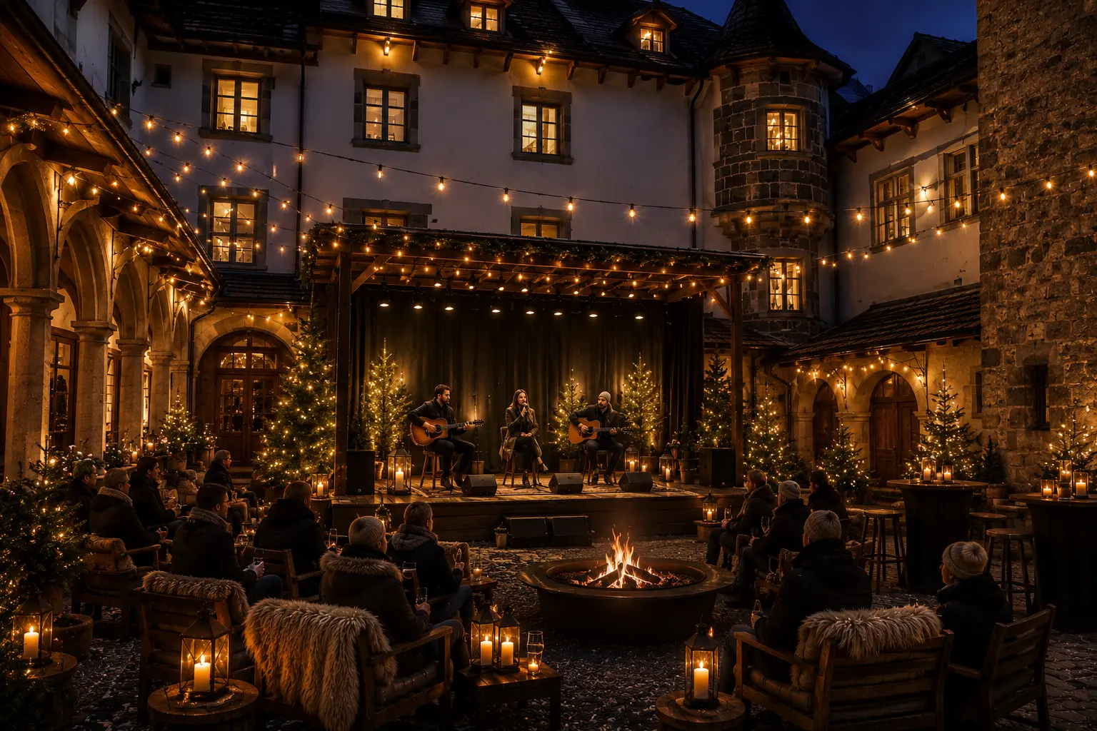 Konzertabend im Innenhof mit Lichterketten und Feuerschale