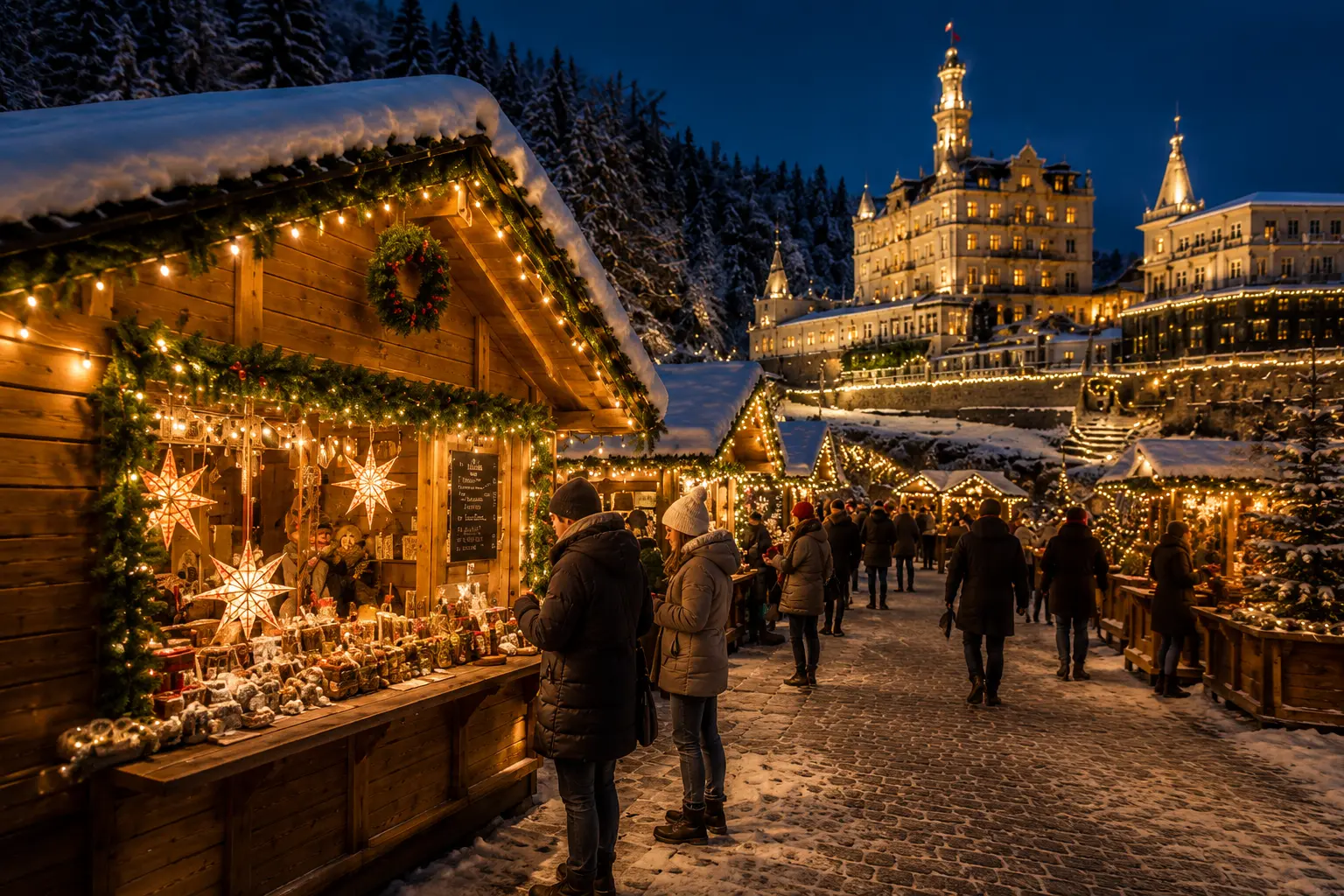 Beleuchteter Marktstand mit Delikatessen im Schnee