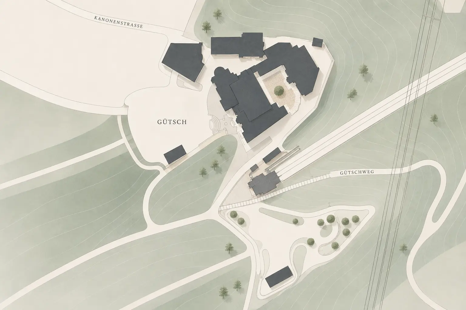 Lageplan des Château Gütsch mit Marktdorf, Standseilbahn und Zugängen
