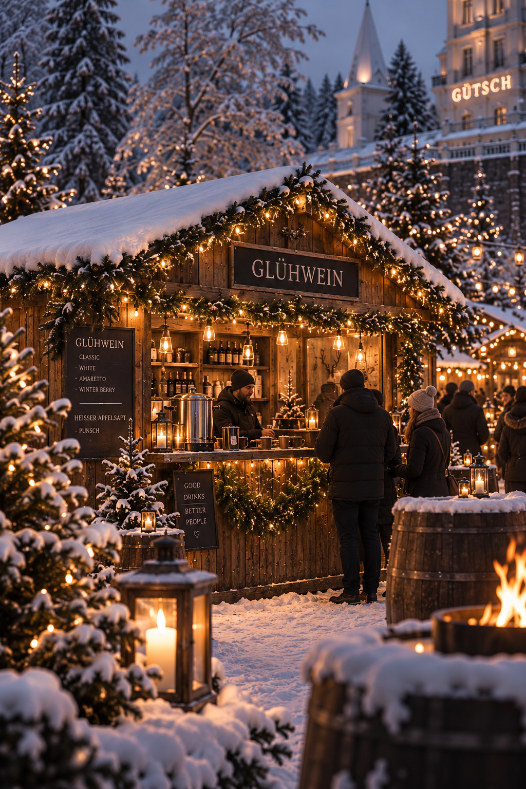 Holzverkleideter Glühwein-Stand mit Lichterketten und Gütsch-Schloss im Hintergrund